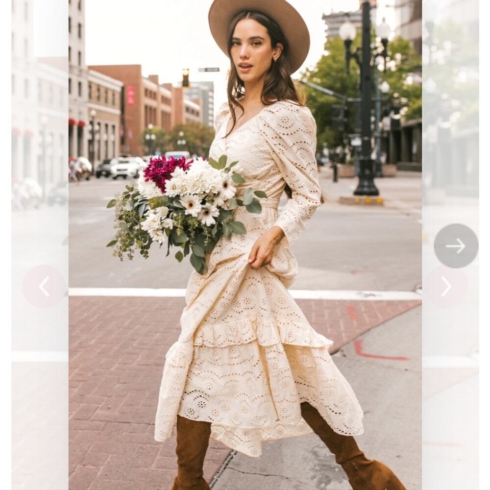 Ivy City Co Ava Midi-Maxi Lace Eyelet Cream Dress